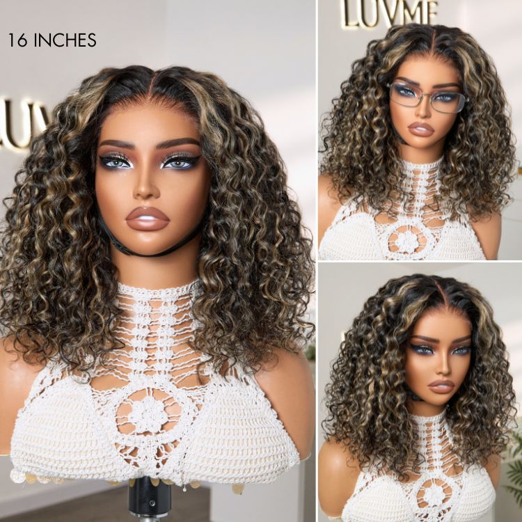 Blonde highlight Water Wave wig by Luvme Hair, long curly, glueless 5x5 lace closure, pre-cut lace, snug fit, scalp care wig