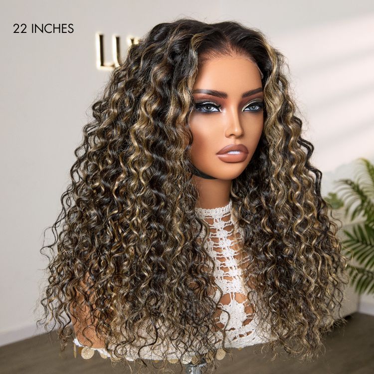 Blonde highlight Water Wave curly wig by Luvme Hair with snugfit, glueless 5x5 lace closure, long pre-cut lace, and natural scalp appearance