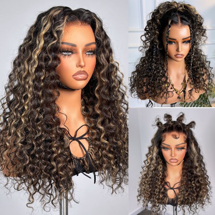 Blonde highlight water wave long curly wig by Luvme Hair, snugfit glueless 5x5 lace closure, pre-cut lace, US only