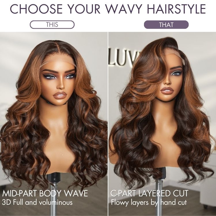 Luvme Hair 5x5 closure wig with loose body wave, copper ombre highlights, breathable cap, and 180% density.
