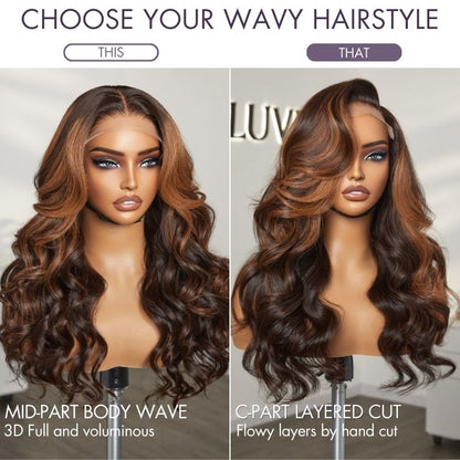 Luvme Hair 5x5 closure wig with loose body wave, copper ombre highlights, breathable cap, and 180% density.