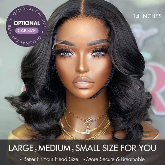 Luvme 5x5 closure lace wig with natural black loose wave human hair, glueless short wig, available in large and small cap sizes.