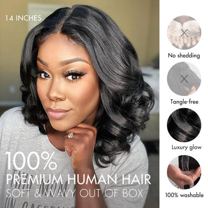 Luvme 5x5 closure wig with natural black loose wave human hair, glueless lace closure, available in large and small cap sizes.
