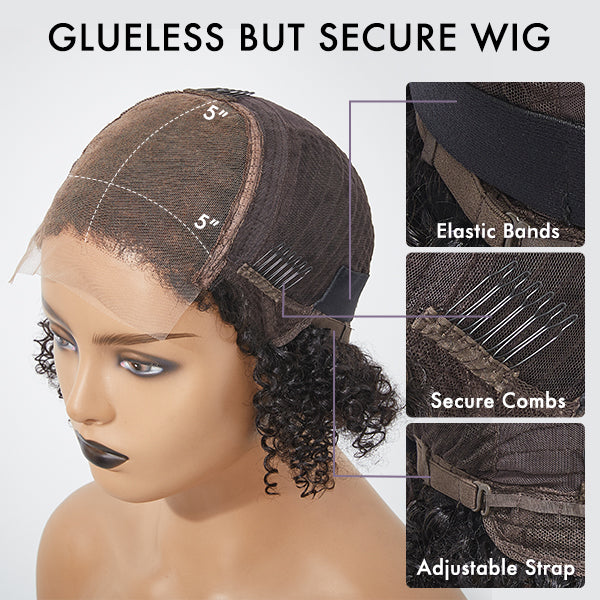 Luvme 5x5 closure lace wig with natural black loose wave 100% human hair, glueless short wig, available in large and small cap sizes.