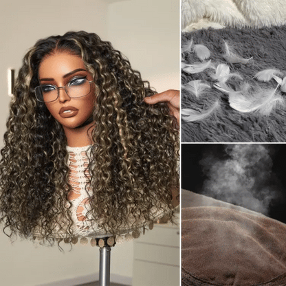 Blonde highlight Water Wave curly wig by Luvme Hair, long length with snugfit glueless 5x5 closure lace, pre-cut lace, airy scalp care.