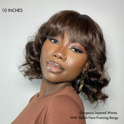 Luvme Hair beginner-friendly brown loose wave lace shoulder-length wig with bangs, minimalist style and natural wavy texture