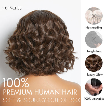 Brown loose wave lace wig with shoulder-length bob, bangs, minimal lace, glueless design, by Luvme Hair.
