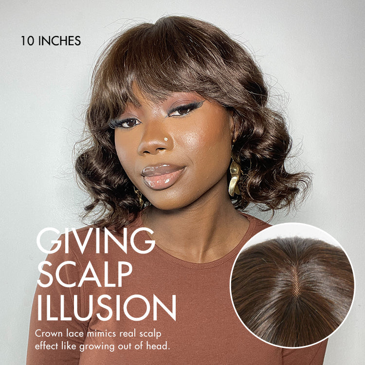 Luvme Hair beginner-friendly brown lace wig with loose waves, shoulder-length bob with bangs, minimalistic and glueless design