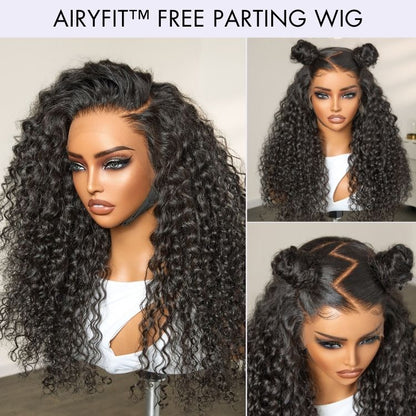 Luvme Hair AiryFit™ deep parting water wave human hair wig with glueless 11x6 HD lace, curly style, showcasing natural scalp and lace details.
