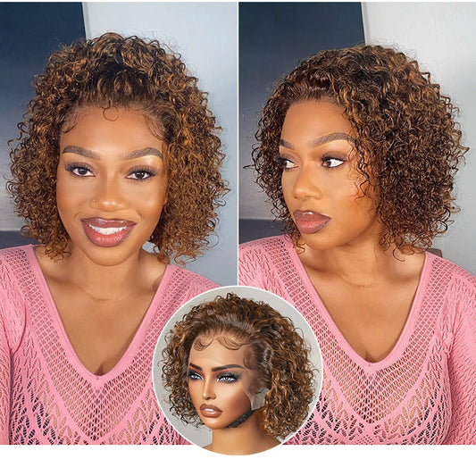 Luvme Hair short curly lace wig in brown highlight and jet black, slicked back ear-to-ear wide T lace style