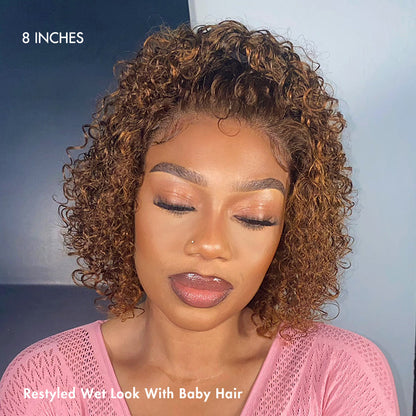 Brown highlight and jet black short cut curly lace wig with slicked-back style, ear-to-ear wide T lace from Luvme Hair.