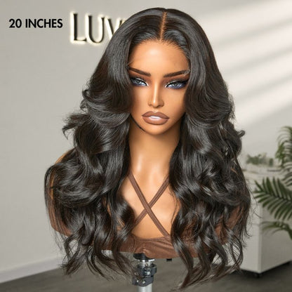Luvme 5x5 closure wig with layered loose body wave, HD lace, glueless design, long mid-part style in natural hair color.