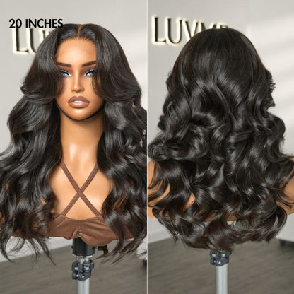 Luvme 5x5 closure wig with layered loose body wave style, HD lace, glueless design, long mid-part hairstyle on a mannequin.