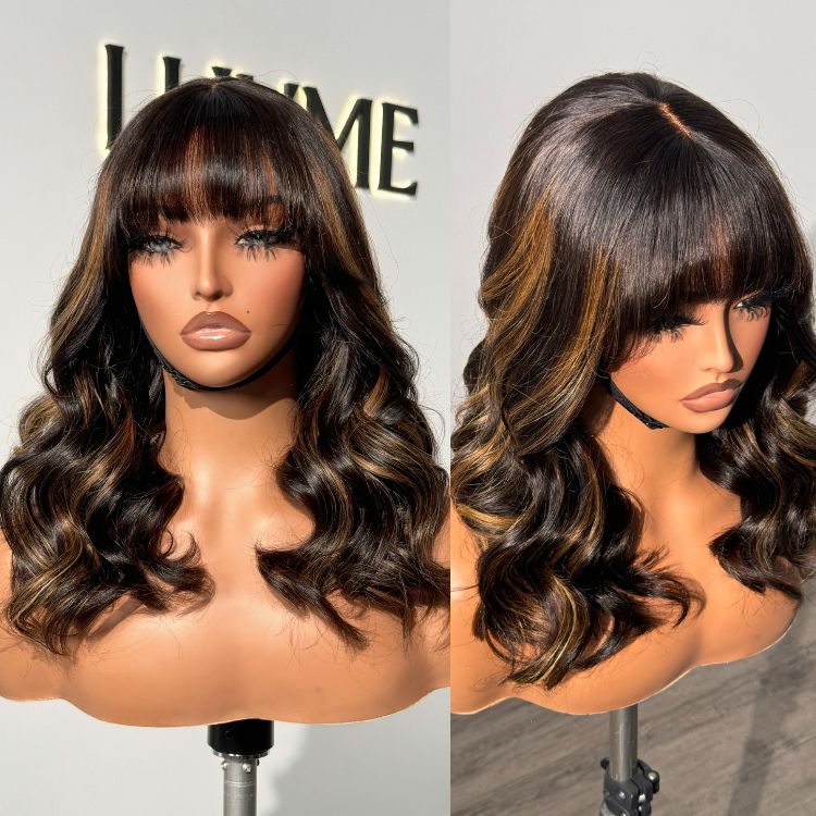 Luvme Hair blond highlight minimalist lace wig with loose waves and bangs, showcasing natural hairline and soft, flowing style.