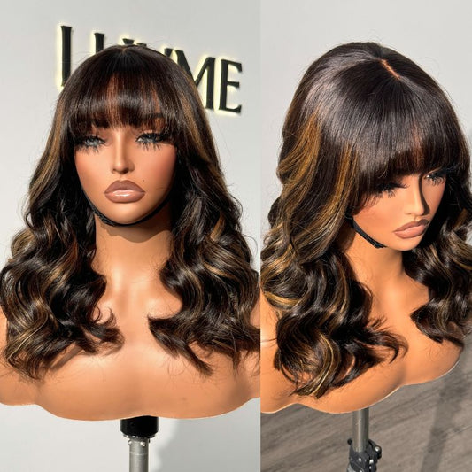 Luvme Hair blond highlight minimalist lace wig with loose waves and bangs, showcasing natural hairline and soft, flowing style.