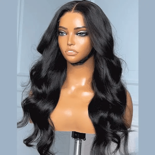 Luvme layered loose body wave 5x5 closure wig with HD lace, glueless design, long length, mid-part style in natural black color.