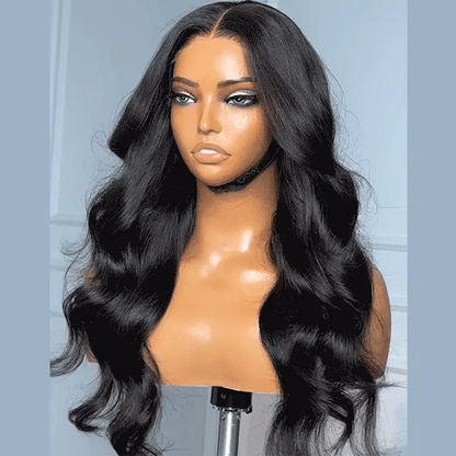Luvme layered loose body wave 5x5 closure wig with HD lace, glueless design, long length, mid-part style in natural black color.