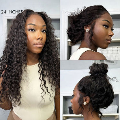 Luvme Hair PreMax Water Wave Flexi-Fit 360 lace wig with long curly style and pre-cut lace, featuring an invisibility drawstring cap.