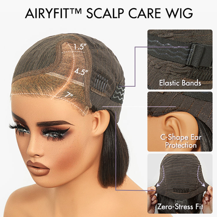 Luvme Hair AiryFit™ Scalp Care HD Lace Bob Wig in salt and pepper color, featuring pre-cut lace and minimalist design.