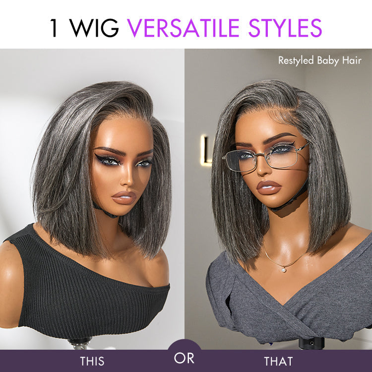 Luvme Hair AiryFit™ Salt and Pepper HD Lace Bob Wig with pre-cut lace, minimalist style, glueless, scalp care design.