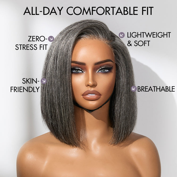 Luvme Hair AiryFit™ Salt and Pepper HD Lace Bob Wig with pre-cut lace, minimalistic style, glueless design for scalp care.