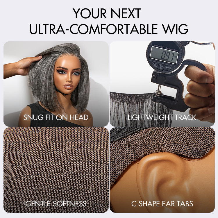 Luvme Hair AiryFit™ Salt and Pepper HD Lace Bob Wig with pre-cut lace, minimalistic style, glueless design, scalp care focus.