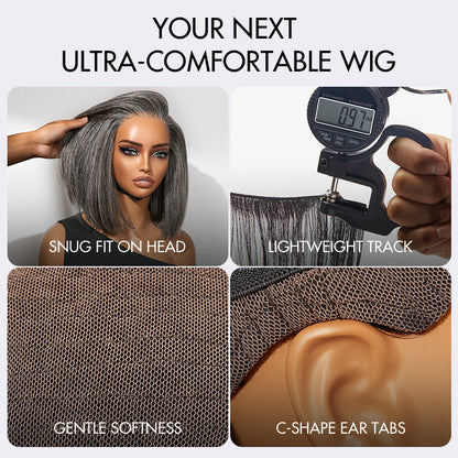 Luvme Hair AiryFit™ Salt and Pepper HD Lace Bob Wig with pre-cut lace, minimalistic style, glueless design, scalp care focus.