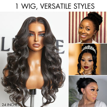 Luvme Hair PreMax Wigs Flexi-Fit Invisi Drawstring Cap with 360 HD Lace, loose body wave wig on mannequin head
