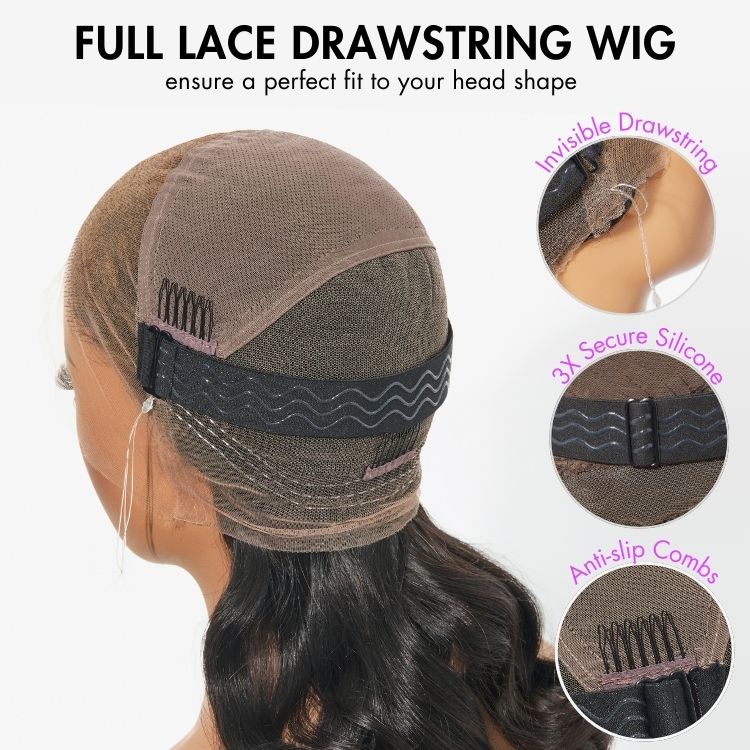 Luvme full lace wig with natural black body wave hair, free parting, half up half down style, pre-cut lace and drawstring cap.