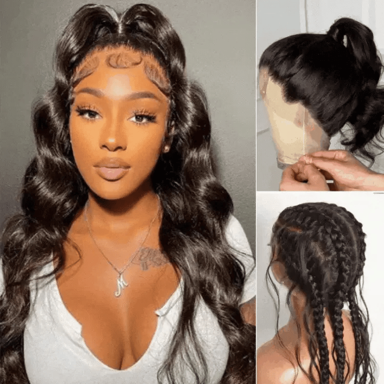 Luvme full lace wig with natural black body wave hair, half up half down style, pre-cut lace, and invisible drawstring cap.