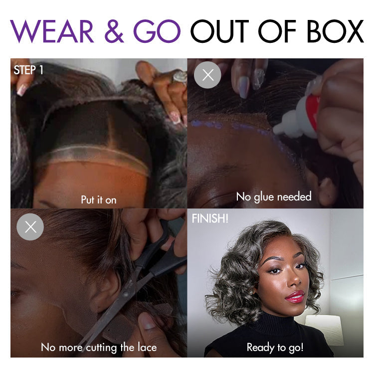Luvme Hair grey lace wig with loose body wave style, short length, minimalistic design, pre-cut lace, and glueless fit.