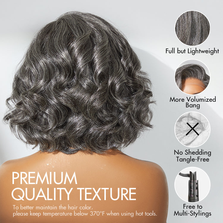 Luvme Hair elegant grey lace wig with loose body wave style, short length, glueless, pre-cut lace, minimalistic design