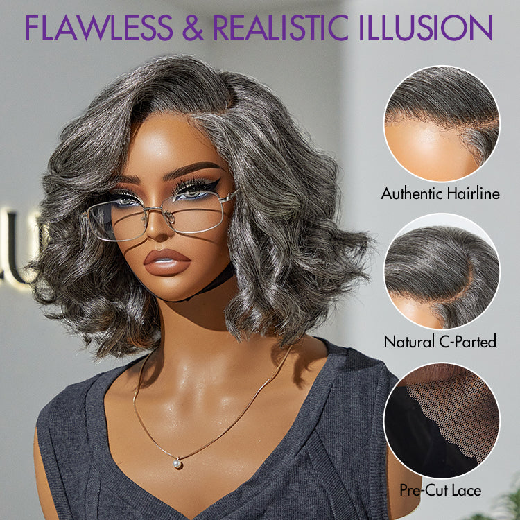 Luvme Hair grey lace wig with loose body wave, short length, minimalistic style, glueless design, pre-cut lace for easy wear