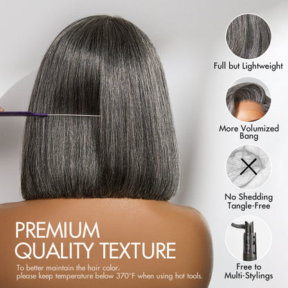 Luvme Hair AiryFit™ Salt and Pepper HD lace bob wig with pre-cut, minimalistic style and glueless design, showcasing the scalp and lace details.