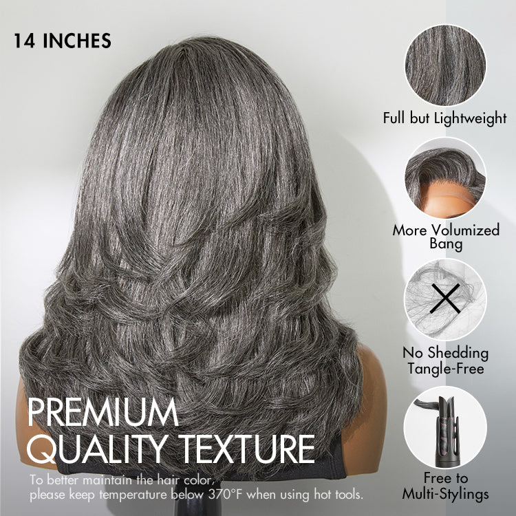 Layered grey glueless lace wig with shoulder-length wavy style by Luvme Hair, featuring minimalist HD lace and blowout salt and pepper texture.