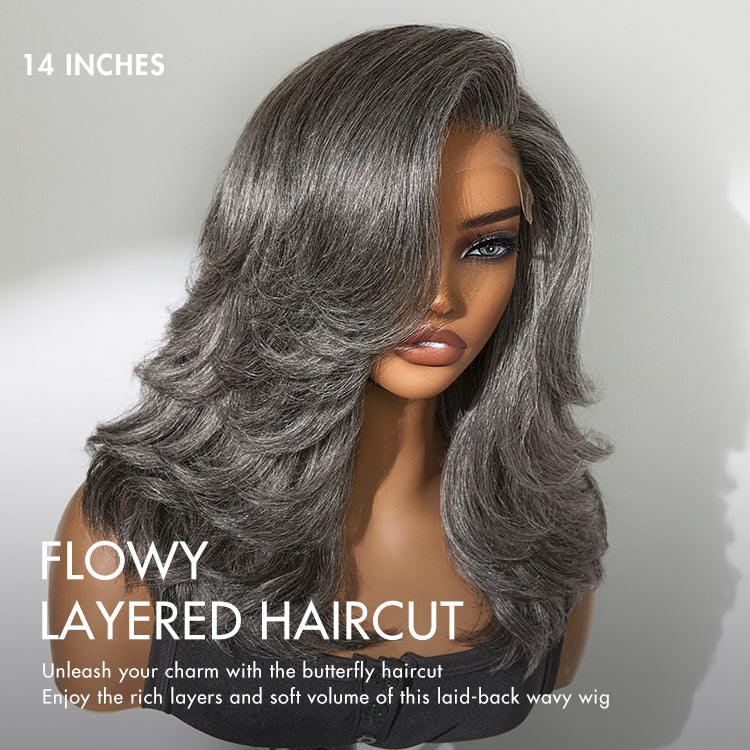 Grey layered blowout wig with shoulder-length wavy style, HD lace, minimalistic design, from Luvme Hair.