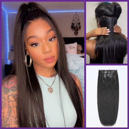 Luvme Hair Ultra Natural Seamless Yaki Straight clip-in extensions with 7 or 9 pieces, real human hair, in a natural straight style