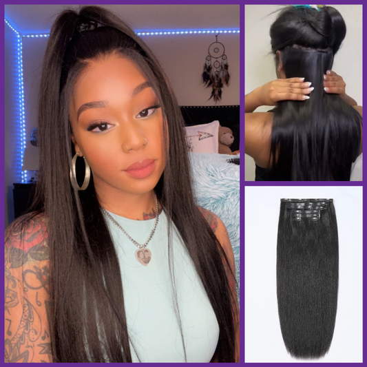 Luvme Hair Ultra Natural Seamless Yaki Straight clip-in extensions with 7 or 9 pieces, real human hair, in a natural straight style
