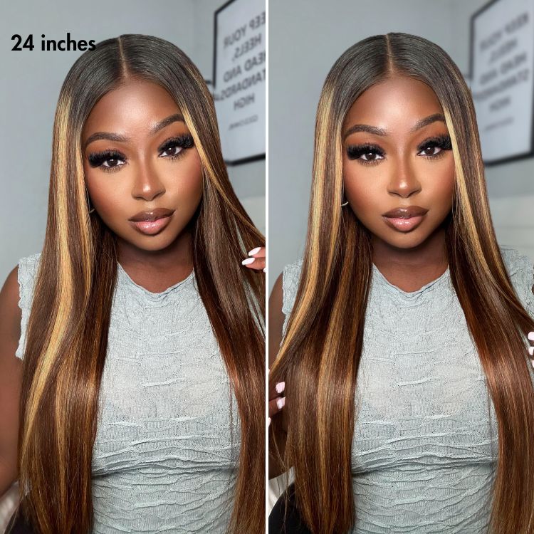 Blonde highlight silky straight 13x5 lace frontal wig by Luvme Hair, ear-to-ear, glueless, long wig with pre-cut HD lace.