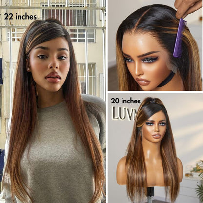 Luvme Hair PreMax blonde highlight silky straight 13x5 lace frontal wig with ear-to-ear length and pre-cut HD lace.
