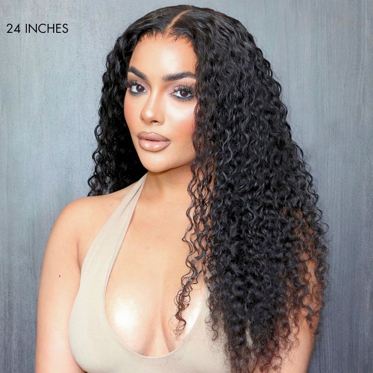 Three deep wave 100% virgin human hair bundles by Luvme, showcasing curly, shiny hair with natural texture and rich color.