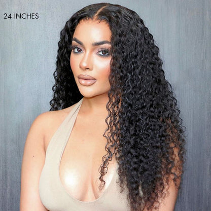 Three deep wave 100% virgin human hair bundles by Luvme, showcasing curly, shiny hair with natural texture and rich color.
