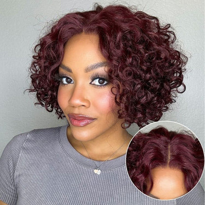 Luvme Hair burgundy curly bob lace wig with T part, 100% human hair, minimalistic design, HD lace, suitable for 99J hair color.