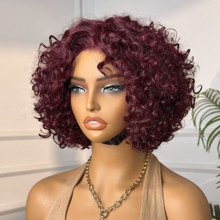 Luvme Hair burgundy curly bob minimalist HD lace wig with T-part, 100% human hair, in 99J hair color style.