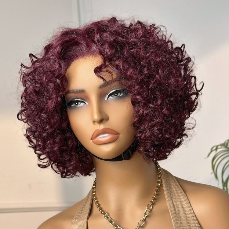 Luvme Hair burgundy curly bob minimalist lace wig with T part, human hair, glueless design, 99J color, styled for a natural look