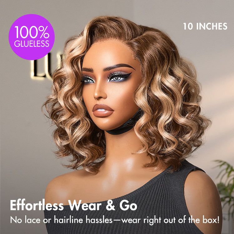 Ash blonde highlight short wavy lace wig featuring loose waves, minimalistic design, pre-cut lace, and glueless fit by Luvme Hair.