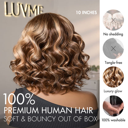 Ash blonde highlight loose wave wig by Luvme Hair featuring glueless, short wavy style with pre-cut lace and minimalist HD lace cap
