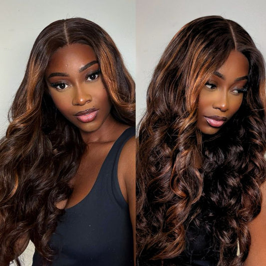 Luvme Hair 5x5 closure wig with loose body wave, elegant copper ombre highlights, breathable cap, and 180% density.