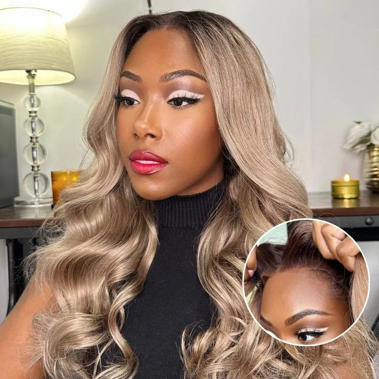 Ash blonde loose body wave 5x5 closure lace glueless wig with breathable cap from Luvme Hair, showing the curly textured hair and lace closure.