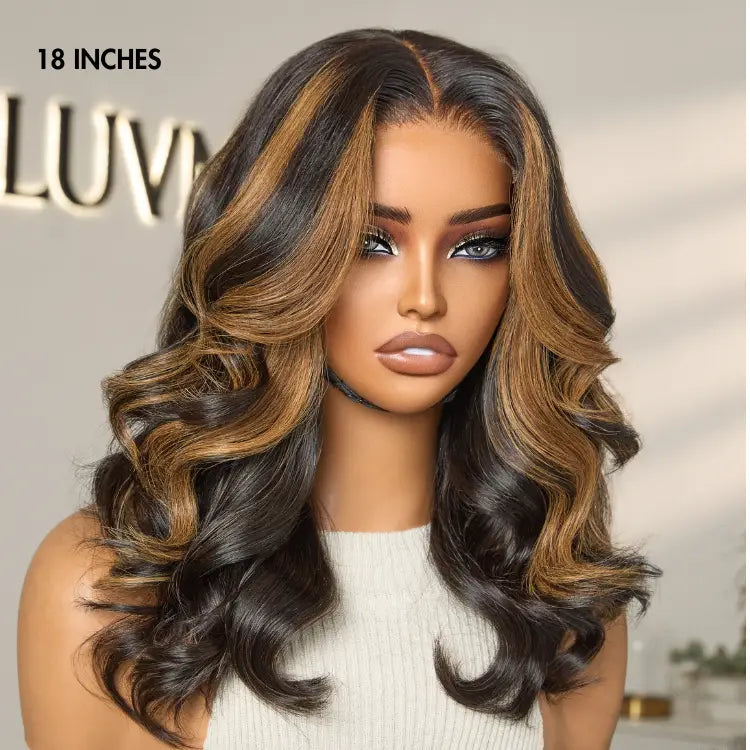 Luvme Hair PreMax Blonde Mix Black 5x5 HD lace closure wig with loose waves, large and small cap options, glueless style